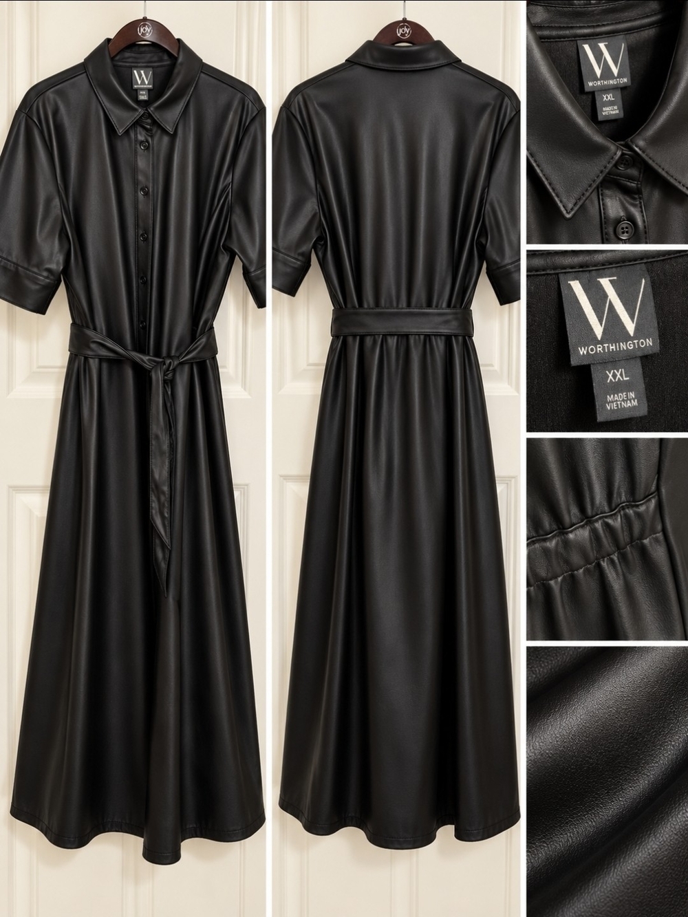 Worthington Black Faux Leather Midi Shirt Dress with Tie Waist